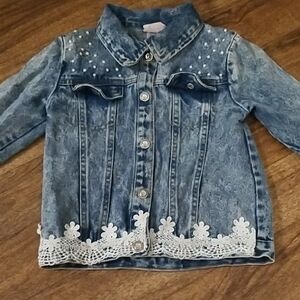 Little Lass Blue Jean Jacket with White Lace and Pearl Accents
